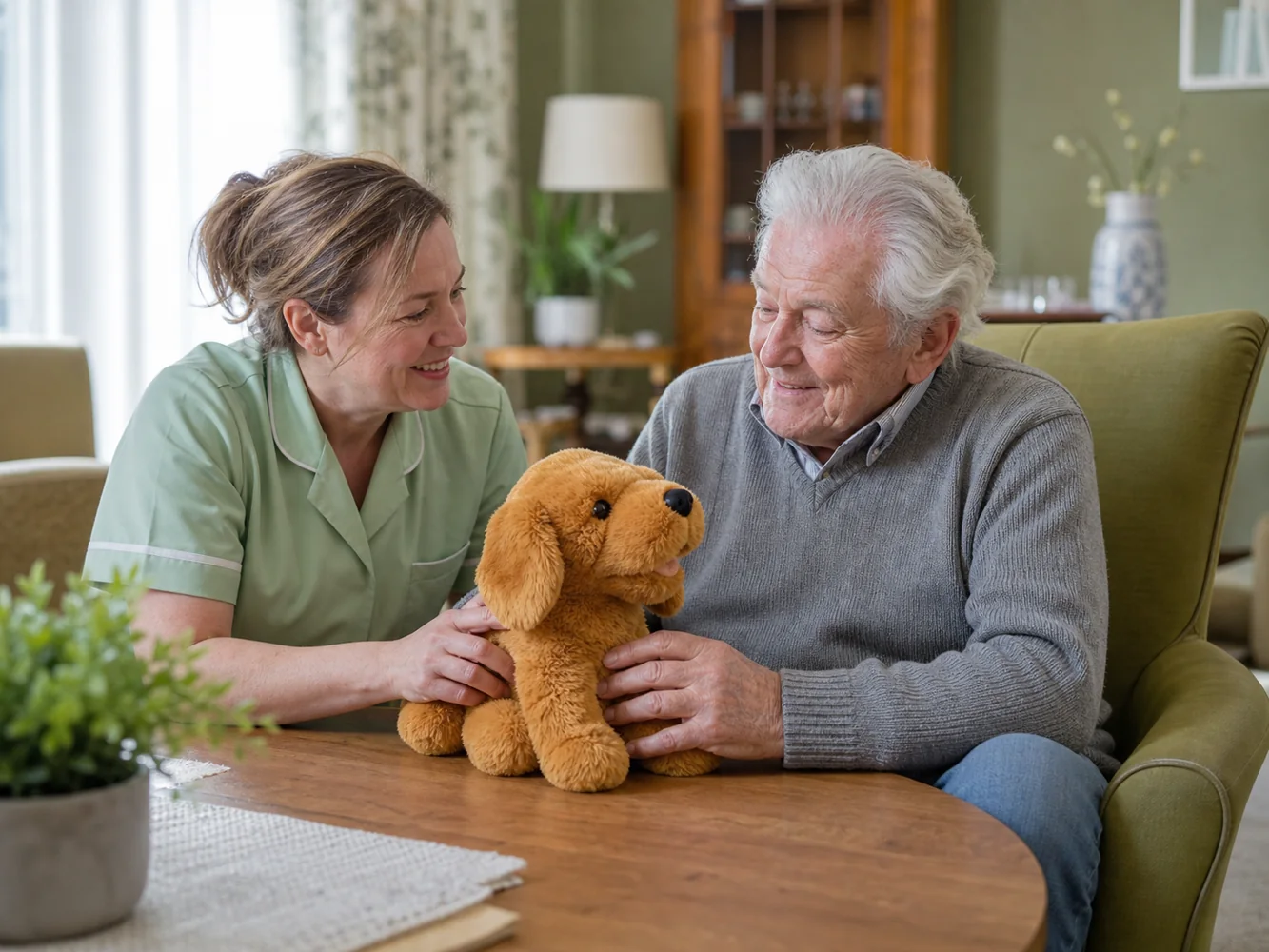 Zorgprofessional en oudere met knuffel